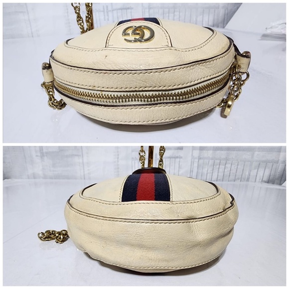 Authentic GUCCI Textured Calfskin Web Mini Ophidia Round Shoulder Bag Mystic Whi - Picture 8 of 16